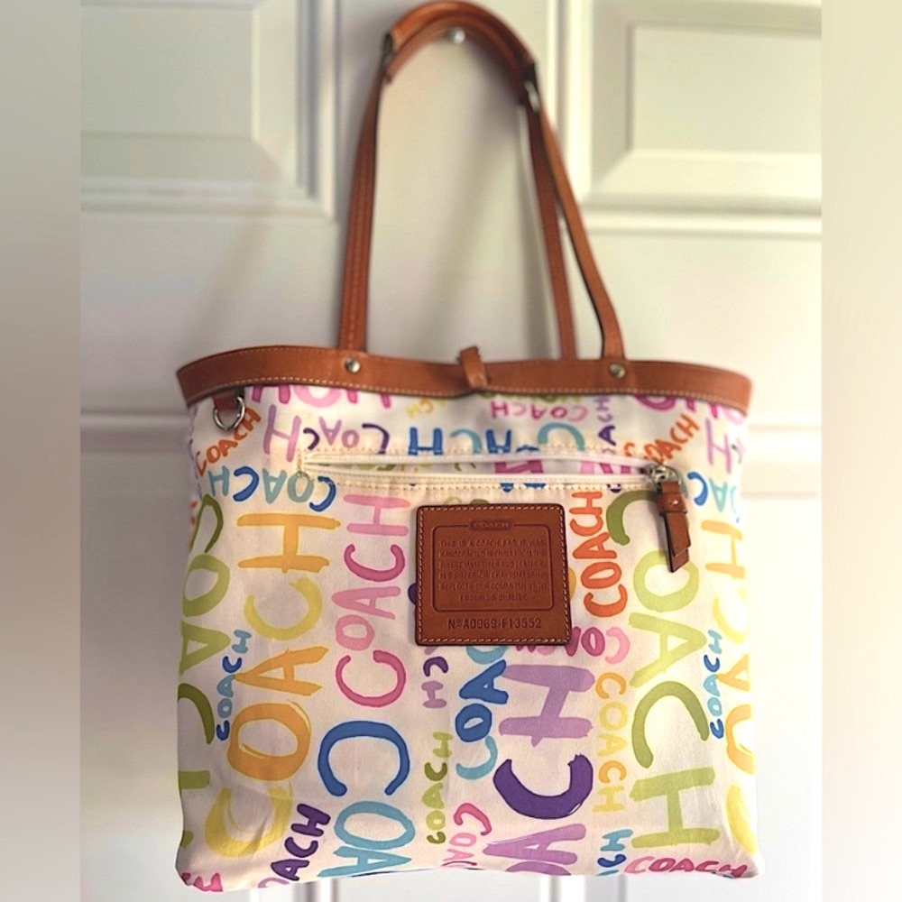 Coach Hampton Reversible Colorful Graffiti And Melon Striped Tote Bag